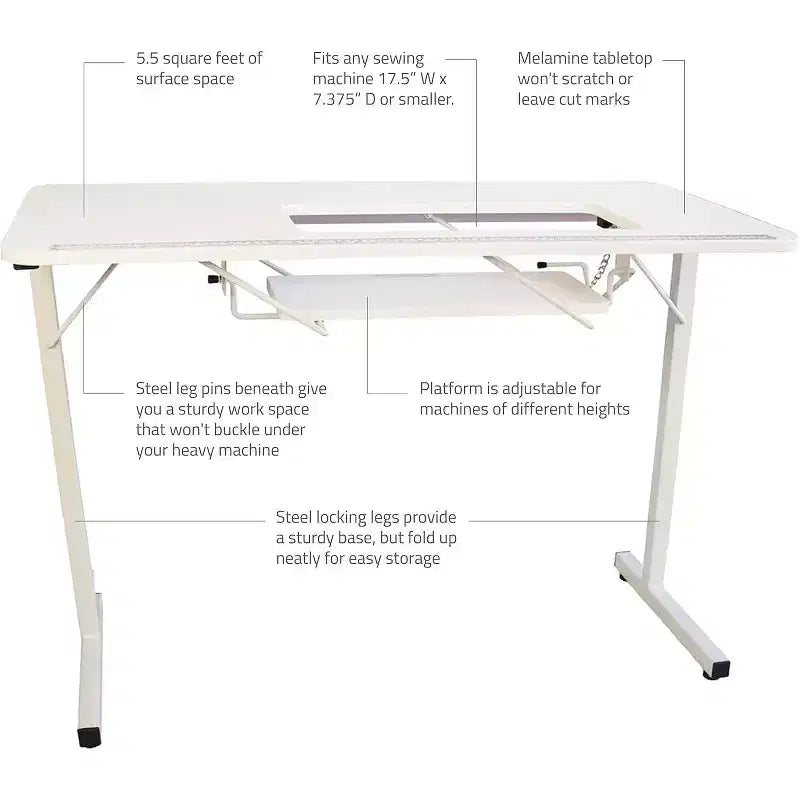 SewingRite SewStation 101 draagbare opklapbare naaitafel met stalen poten, wit - perfect voor thuis, kantoor en bedrijf