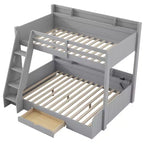 Twin over Full Bunk Bed with Storage, LED Lights & Charging Station, Wood Bunked Bed Beside Shelves for Kids & Teens