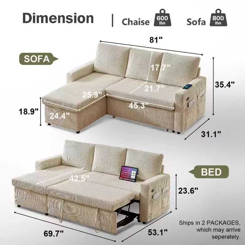 Dyonery Divano letto estraibile 2 in 1 con chaise longue contenitore, divano componibile in velluto a coste C con porte USB per il soggiorno