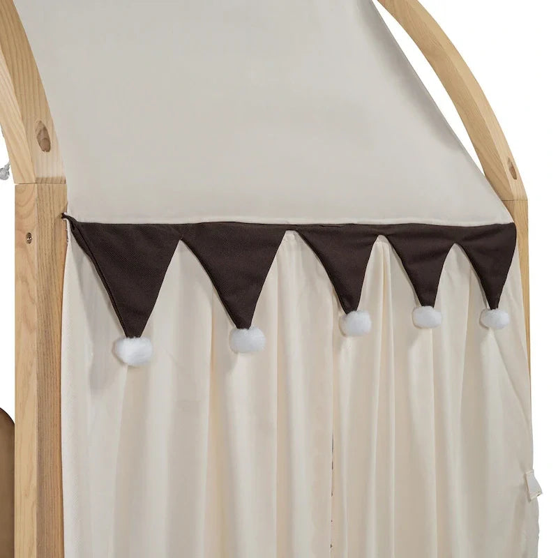 Letto Montessori a piattaforma in legno massello a forma di casetta, con tetto ad arco e letto estraibile, per bambine e bambini