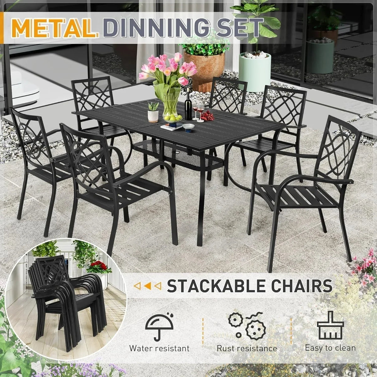 Set da pranzo SUNCROWN da esterno per patio, da 5/7 pezzi, in acciaio, con tavolo a doghe metalliche e sedie impilabili, struttura verniciata a polvere
