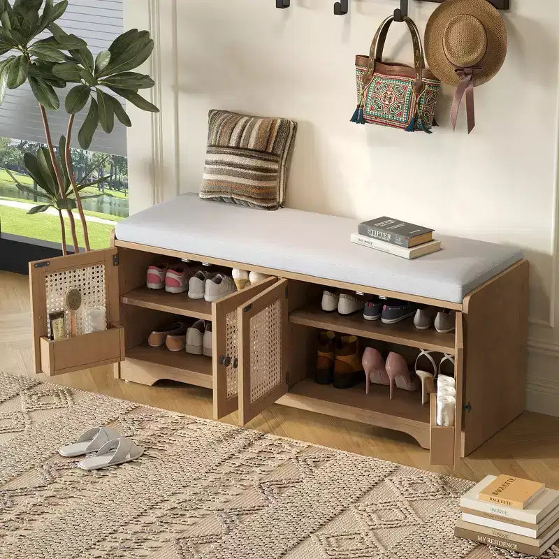 Panca contenitore in legno rustico Whisen, panca portascarpe per ingresso con cuscino rimovibile e ripiani regolabili