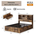 Full Bed Frame with Storage Headboard, Wooden Bed Frame with 4 Drawers, Storage Bookcase & King Size Platform Bed with Strong Metal Support