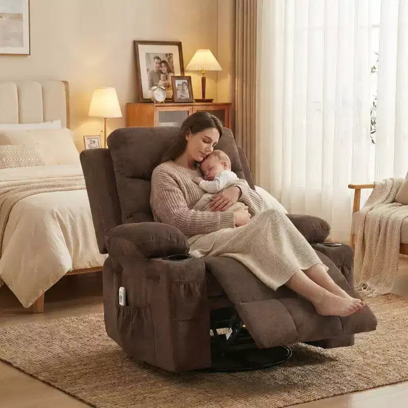 Poltrona reclinabile a dondolo girevole a 360° oversize con massaggio e calore - sedia lounge ergonomica con portabicchieri e tasche laterali per soggiorno e cameretta