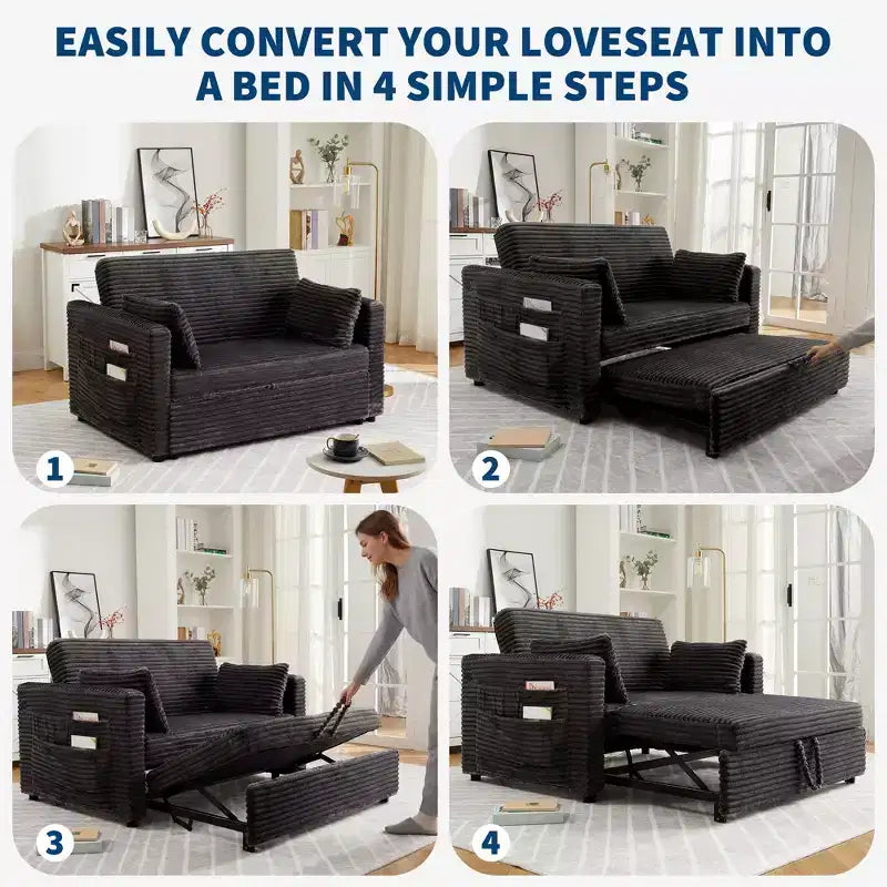 55 converteerbare loveseat-slaapbank met uitschuifbare voetensteun en verstelbare rugleuning, ruimtebesparende bank voor kleine appartementen
