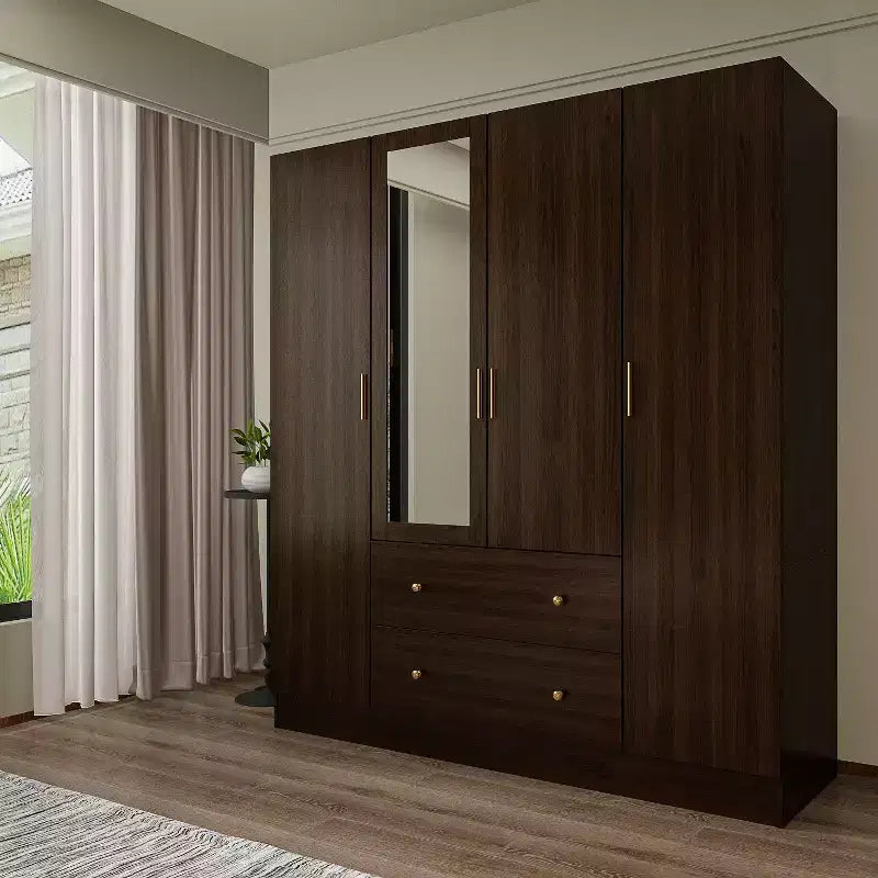 Hitow Kleiderschrank mit 2 großen Schubladen, mittlerem Hängeregal und Spiegel im minimalistischen Stil