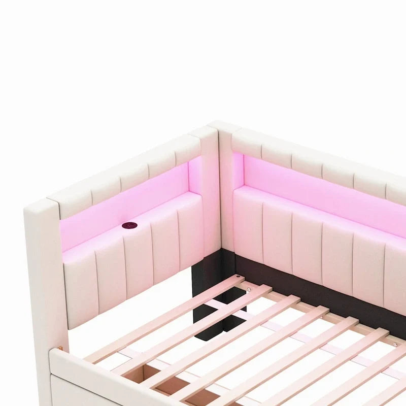 Gestoffeerd platformbed met USB-poorten en ledverlichting - bedframe voor tweepersoonsbed/twin-size met 2 opberglades - moderne slaapkamer