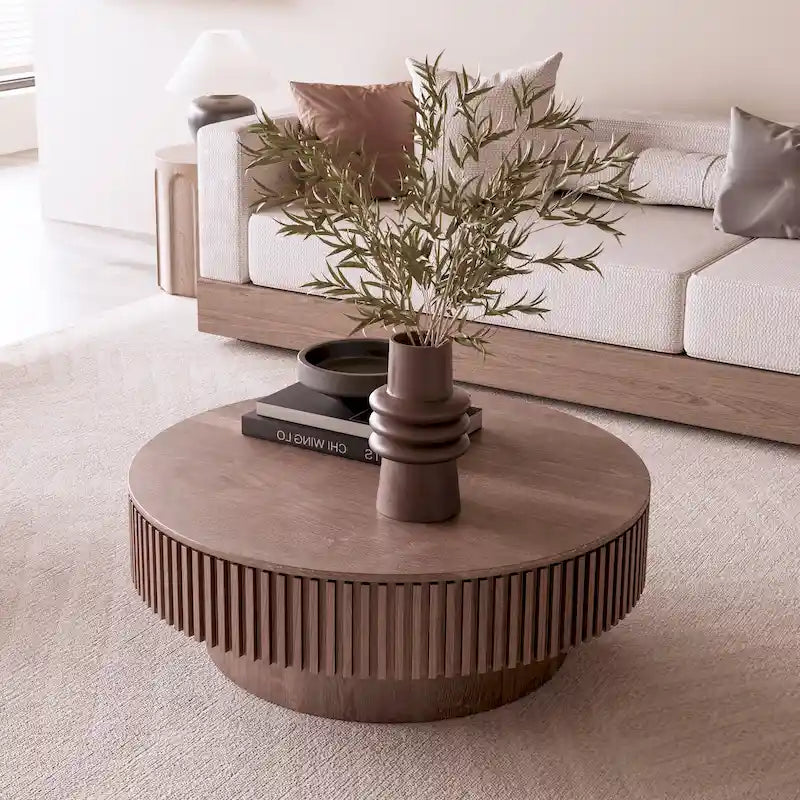 Tavolino rotondo moderno in legno massello impiallacciato con contenitore, da caffè o da tè