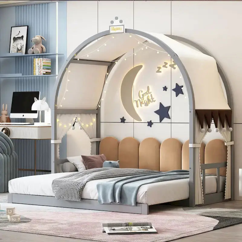 Letto Montessori a piattaforma in legno massello a forma di casetta, con tetto ad arco e letto estraibile, per bambine e bambini