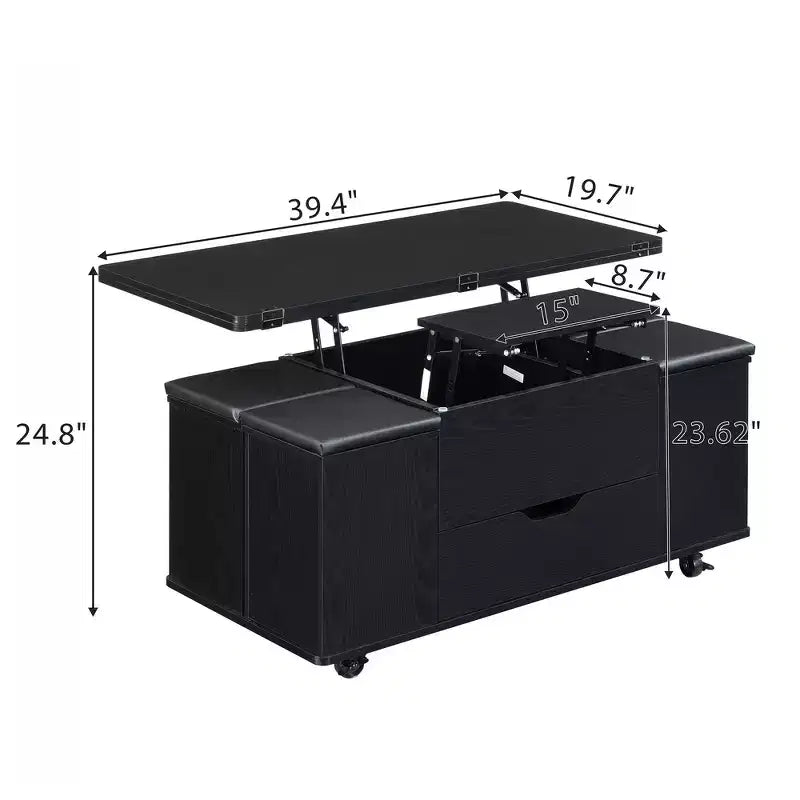 Multifunktionaler moderner Couchtisch mit Liftplatte, verborgenem Stauraum, 4 Hockern und Rollen – perfekt für moderne Wohnbereiche