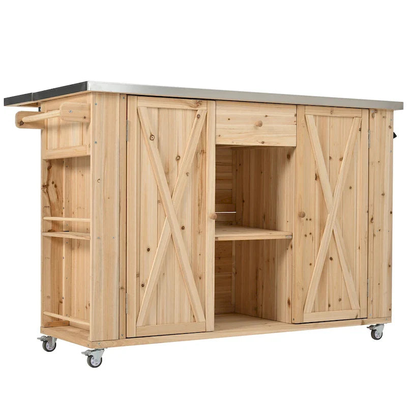 Outdoor-Kücheninsel aus rustikalem Tannenholz mit Edelstahlplatte und intelligentem Stauraum