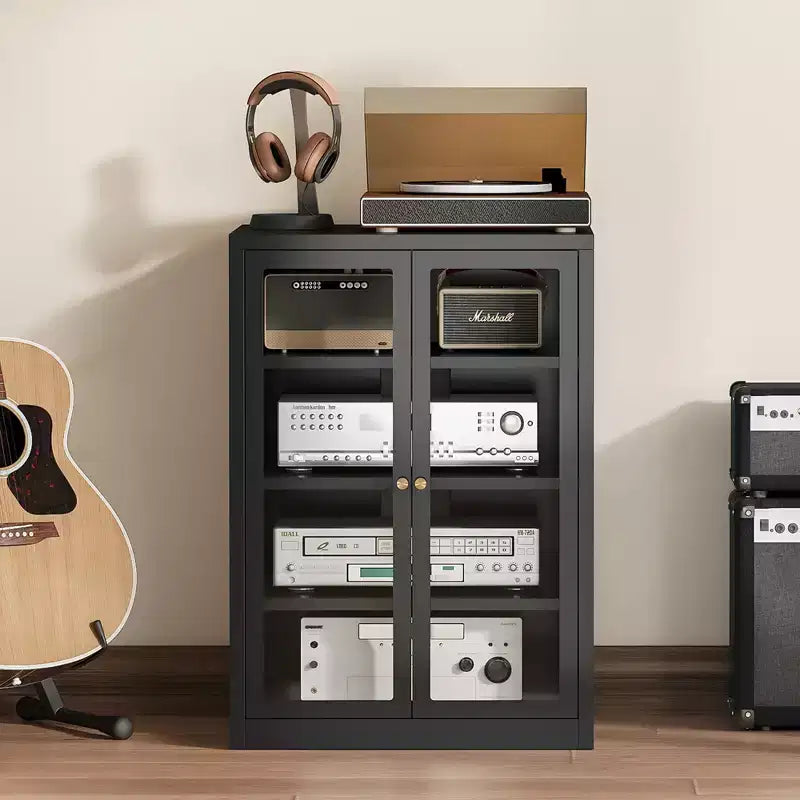 Mobile multimediale in metallo Bekrvio, mobile stereo a 4 ripiani con ante in vetro e ripiani regolabili, rack audio AV con gestione dei cavi