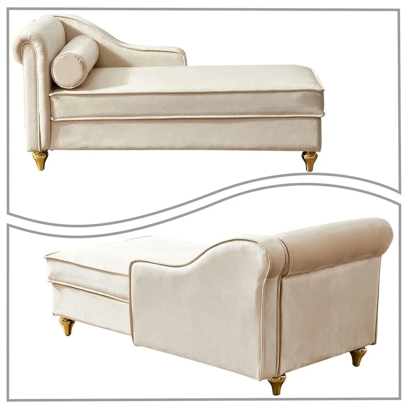 Chaise longue elegante francese rivestita in velluto con contenitore e cuscino