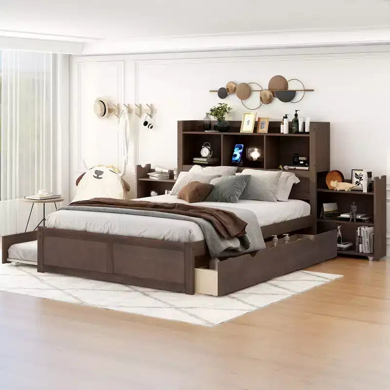 Sodda b’pjattaforma Full b’ħażna b’trundle, headboard b’librerija u stazzjon tal-iċċarġjar, qafas tas-sodda tal-injam ta’ daqs Full bi xkafef u kxaxen
