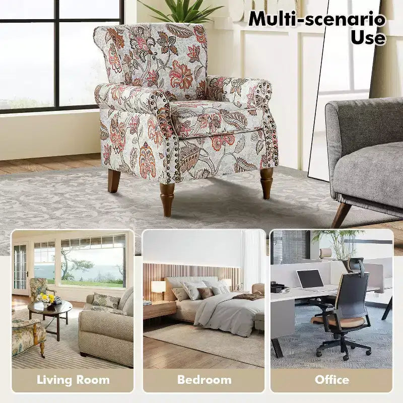 Araceli traditionele houten bloemenfauteuil met bekleding, hoge rugleuning en sierspijkerrand| ART OF LIVING DESIGNS