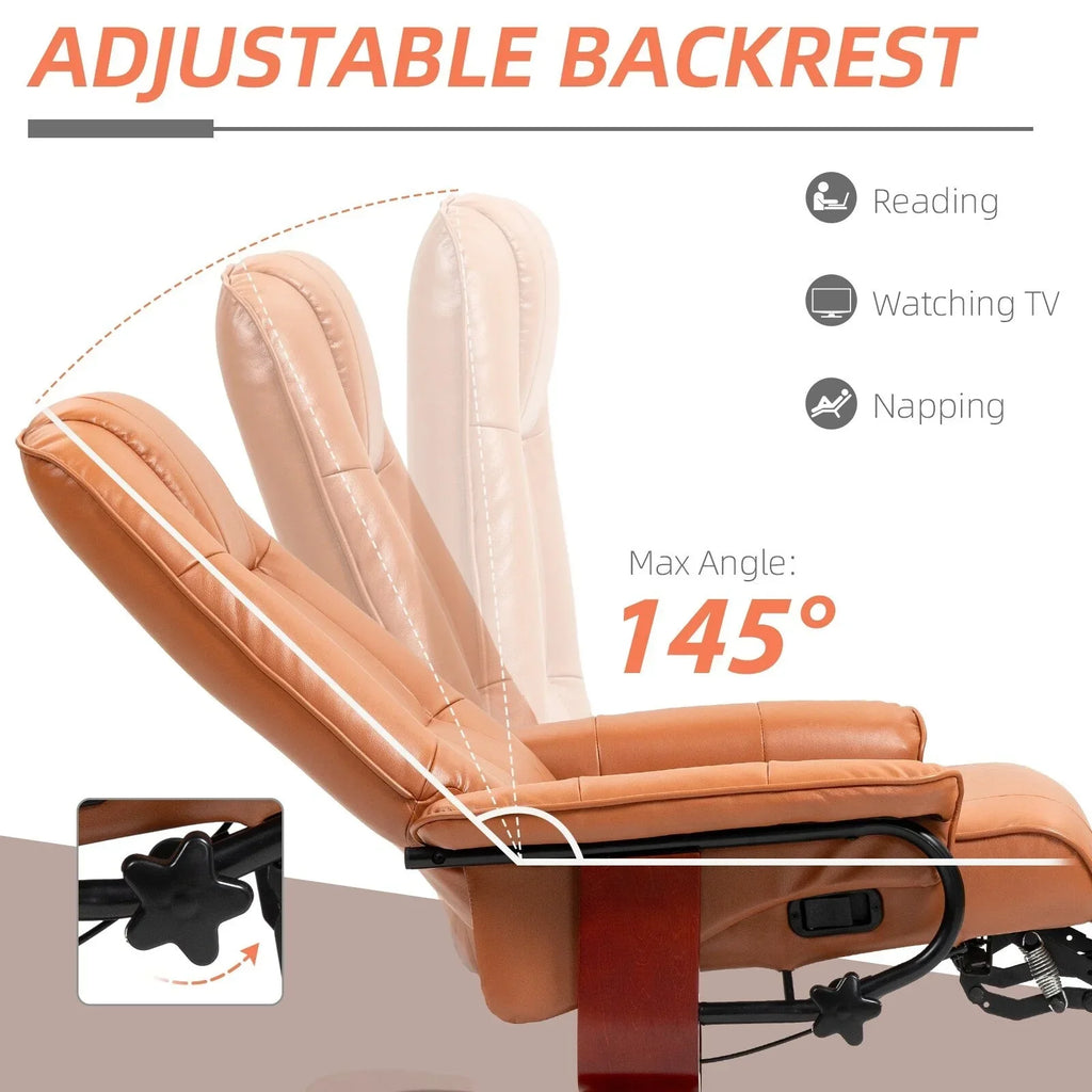 HomCom verstelbare handmatige relaxstoel van imitatieleer met draaivoet en comfortabele, ontspannende voetensteun