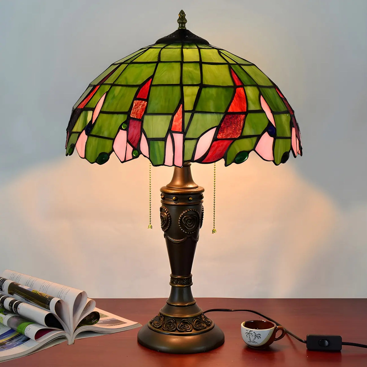 HomeyFad Vintage-Tischlampe mit 2 Leuchten, Edelstahlsockel und gläsernem Kuppelschirm