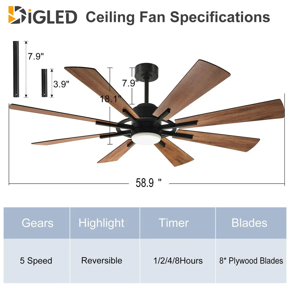 Remote Ceiling fan with Lights Large 8 Wooden Blades