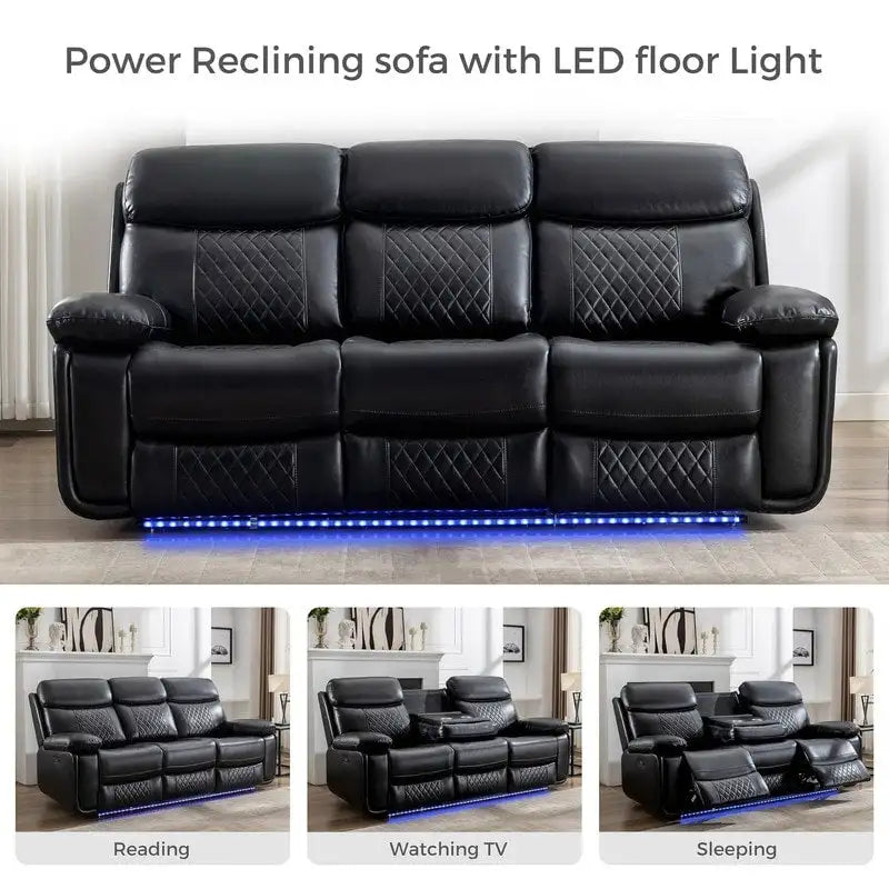 Elektrisch verstellbares Sofa mit kabellosem Ladegerät, Leselicht, LED-Beleuchtung für das Wohnzimmer, Kunstleder, AC-/USB-Anschluss, Getränkehalter, Schwarz
