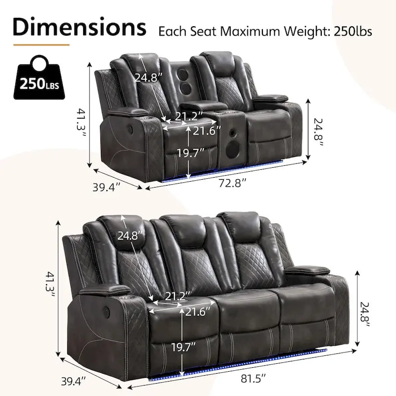 Elektrisch verstellbares Sofa mit kabellosem Ladegerät, Leselampe für das Wohnzimmer, Kunstleder, LED-Beleuchtung, AC-/USB-Anschluss und Getränkehalter, Schwarz