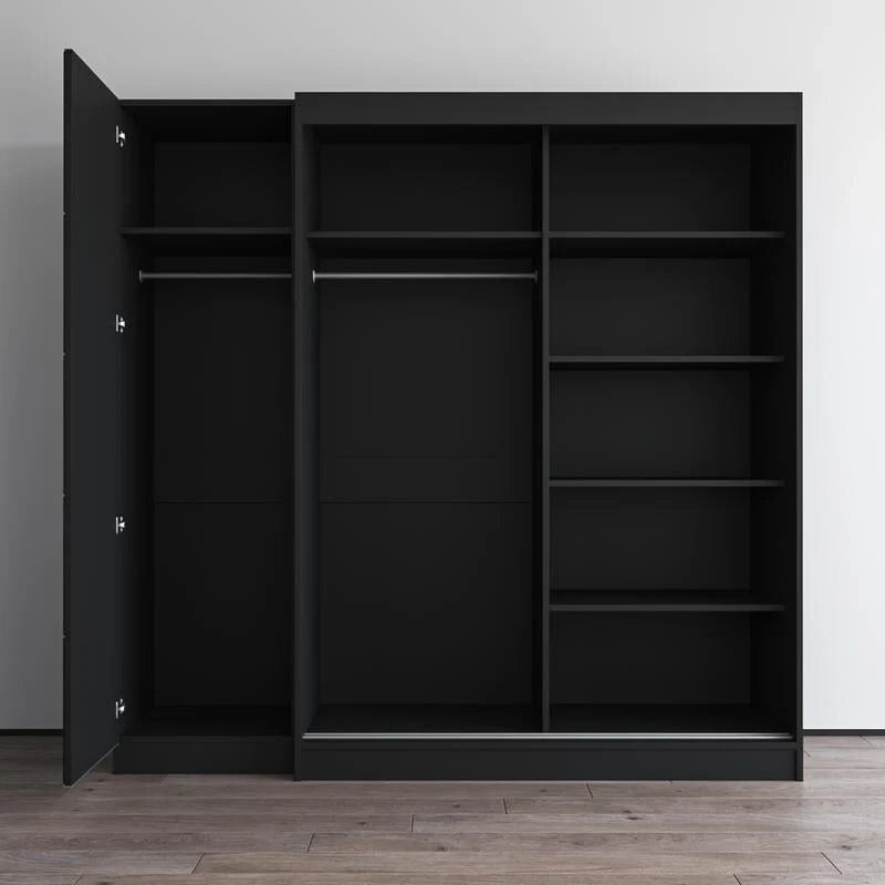 2-türiger Kleiderschrank mit Spiegel und Glasfront für 2 Personen (Grau/Schwarz/Weiß)