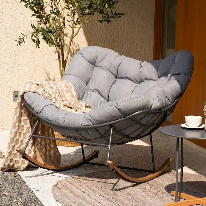 Grote schommelstoel voor terras, indoor-outdoor egg freestyle-stoel met kussen, gestoffeerde moderne loungestoel voor tuin en achtertuin