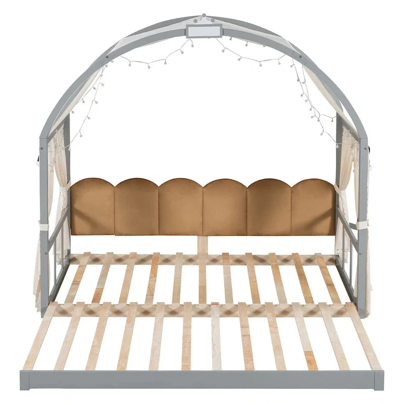 Letto Montessori a piattaforma in legno massello a forma di casetta, con tetto ad arco e letto estraibile, per bambine e bambini