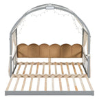 Letto Montessori a piattaforma in legno massello a forma di casetta, con tetto ad arco e letto estraibile, per bambine e bambini