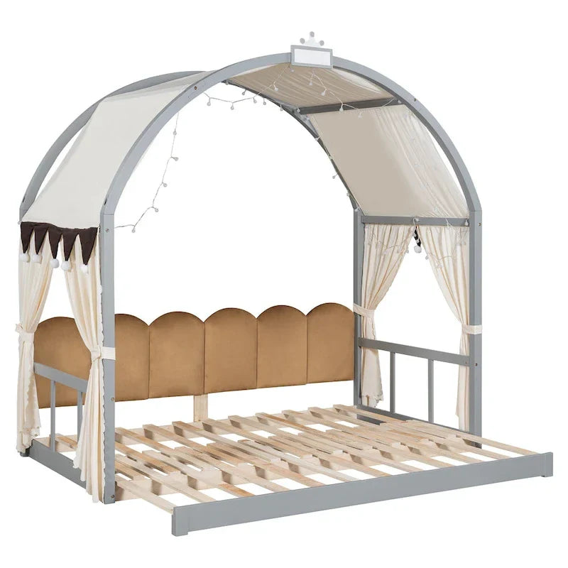 Letto Montessori a piattaforma in legno massello a forma di casetta, con tetto ad arco e letto estraibile, per bambine e bambini