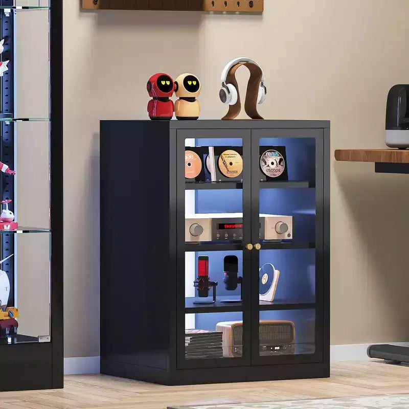 Bekrvio Metall-Mediaschrank, 4-stufiger Stereoschrank mit Glastüren und verstellbaren Einlegeböden, Audio-AV-Rack mit Kabelmanagement