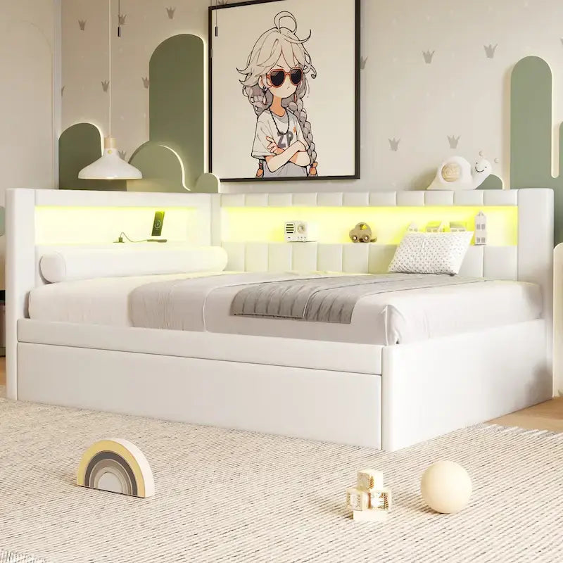 Gestoffeerd platformbed met USB-poorten en ledverlichting - bedframe voor tweepersoonsbed/twin-size met 2 opberglades - moderne slaapkamer