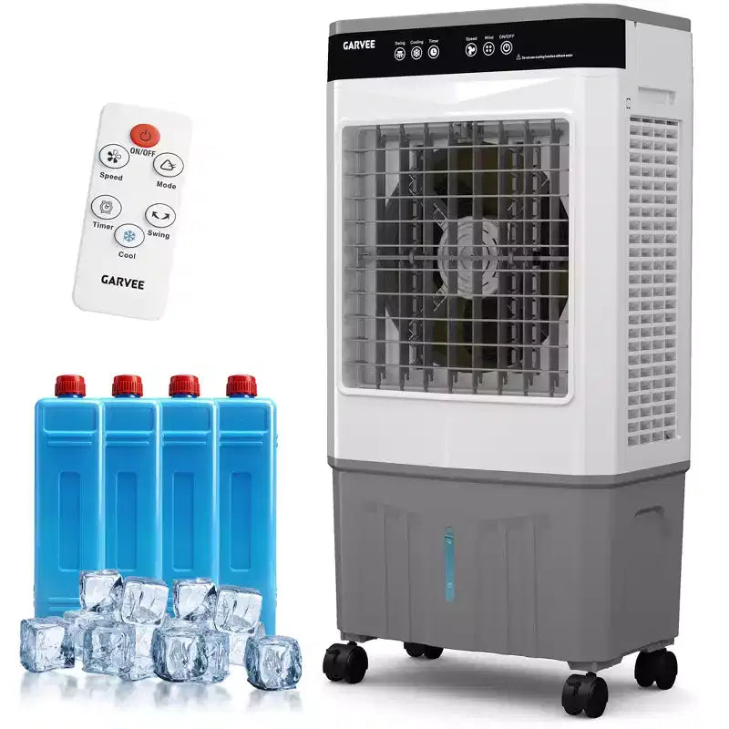 Luchtkoeler, verdampende luchtkoeler met watertank, 4 ijspakketten, 3 snelheden, 120° oscillatie, afstandsbediening en timer van 12 uur, draagbaar vloermodel van 150 W