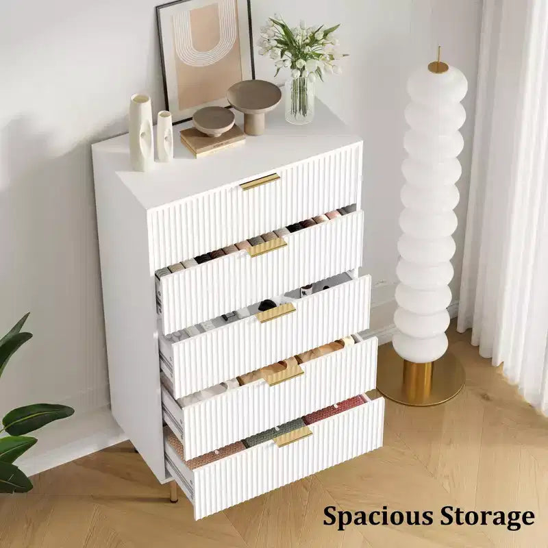 Weiß / Marmor und Holz, Kommode mit 5 Schubladen – geriffelte Front, für 1 Person