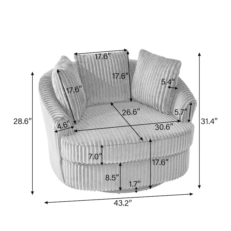 Extra grote 43 W pluche corduroy draaifauteuil met verzonken armleuningen en kuipvorm
