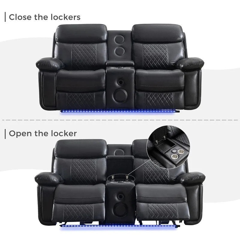 Elektrisch verstellbares Sofa mit kabellosem Ladegerät, Leselicht, LED-Beleuchtung für das Wohnzimmer, Kunstleder, AC-/USB-Anschluss, Getränkehalter, Schwarz