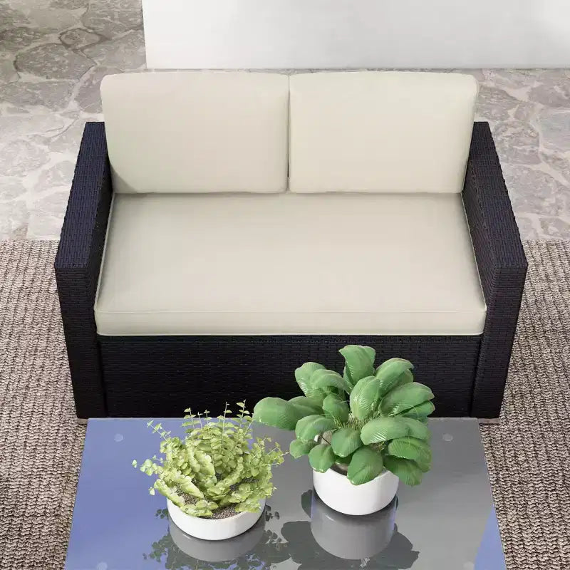 4-delige rotan loungeset, rieten terrasbankstel met loveseatstoelen en salontafel met glazen blad voor de tuin