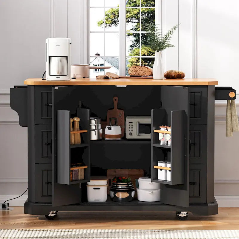 Expandable Drop-Leaf Kitchen Island, Kitchen Cart on 4 Wheels with Power Outlet, Moveable Island Table with 2 Door & 6 Drawers