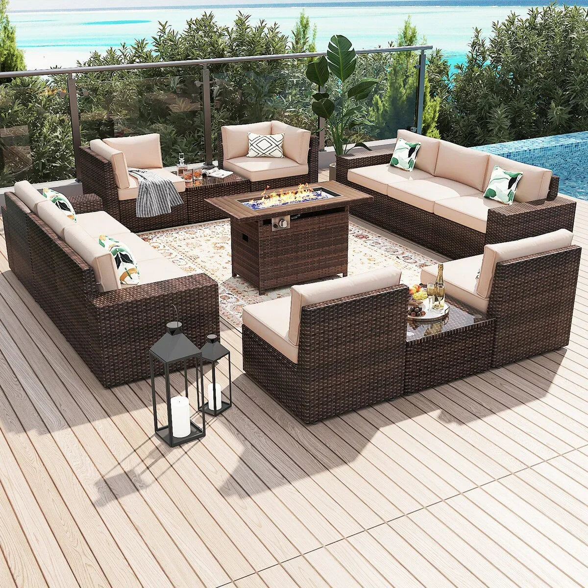 Set di mobili da patio da 13 pezzi con tavolo per braciere 44Fire