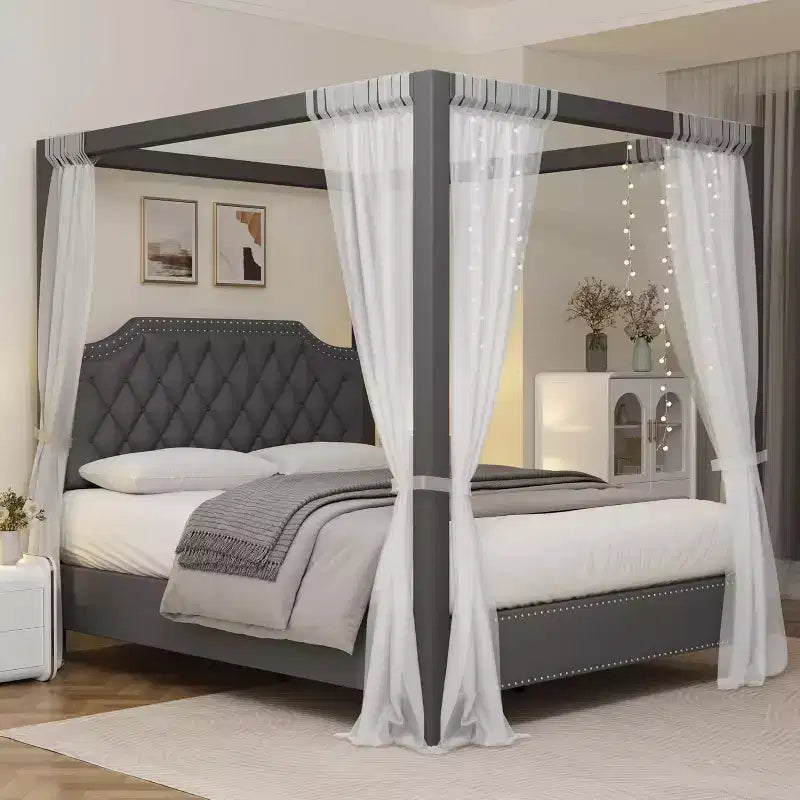 Hemelbedframe voor queensize bed met palen, hoekbeugels voor 4 hoeken, ondersteuning met latten van massief hout, geen boxspring nodig, geluidloos