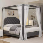 Hemelbedframe voor queensize bed met palen, hoekbeugels voor 4 hoeken, ondersteuning met latten van massief hout, geen boxspring nodig, geluidloos