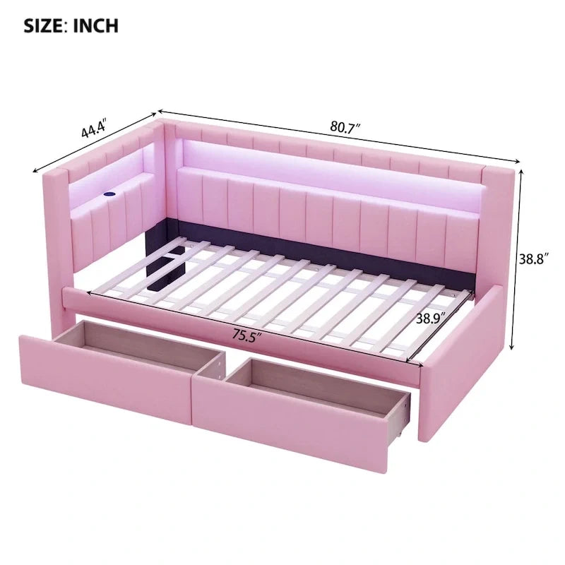 Gestoffeerd platformbed met USB-poorten en ledverlichting - bedframe voor tweepersoonsbed/twin-size met 2 opberglades - moderne slaapkamer