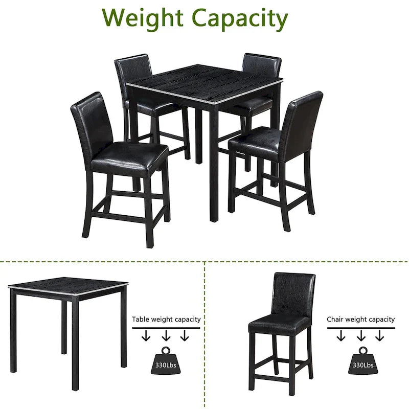 Set da pranzo moderno da 5 pezzi con tavolo quadrato ad altezza bancone e 4 sedie imbottite