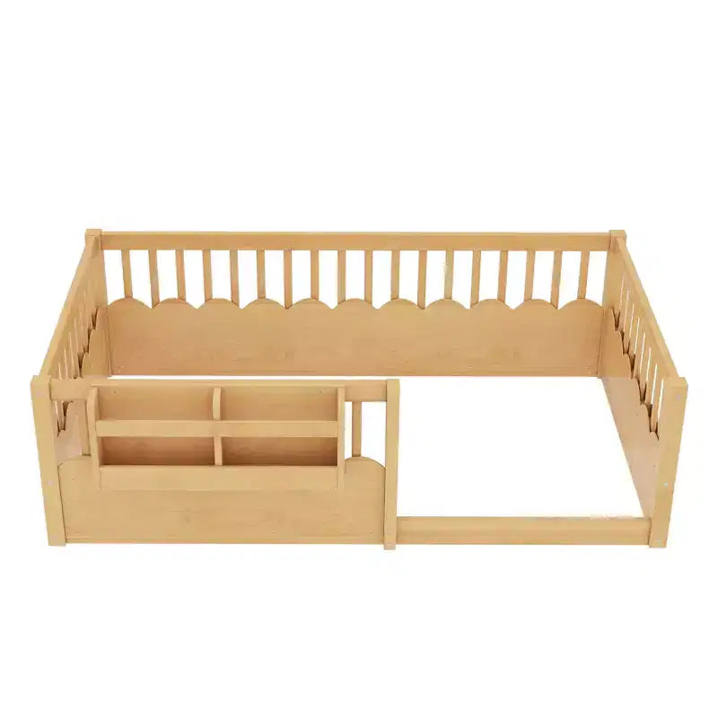 Bellemave Kinder-Bodenbett mit erhöhtem Rausfallschutz und Bücherregal, hölzernes Montessori-Einzelbettgestell für Mädchen und Jungen