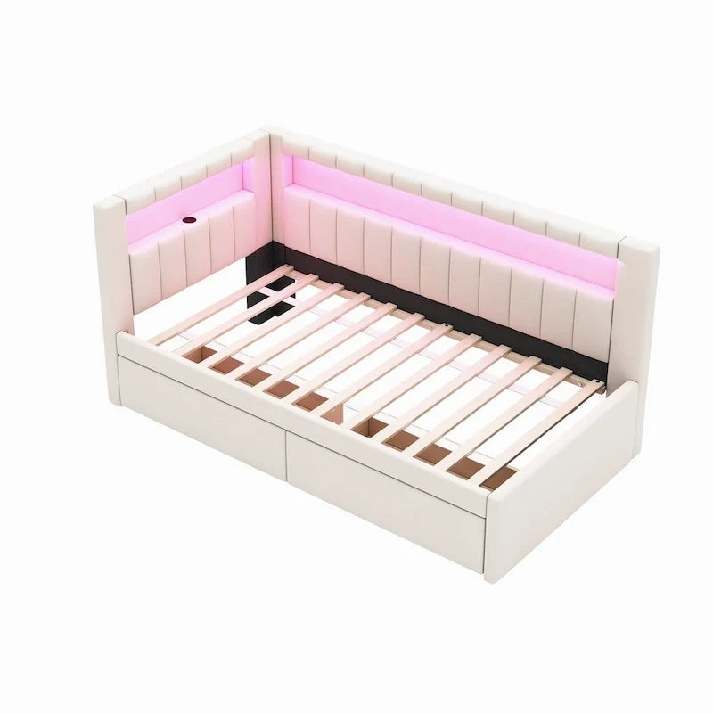 Gestoffeerd platformbed met USB-poorten en ledverlichting - bedframe voor tweepersoonsbed/twin-size met 2 opberglades - moderne slaapkamer