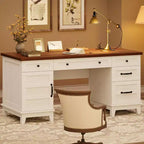 60 Executive Desk with Drawers, Home Office Desk with Charging Station, Wooden Computer Writing Desk for Study, Conference Table for Living Room