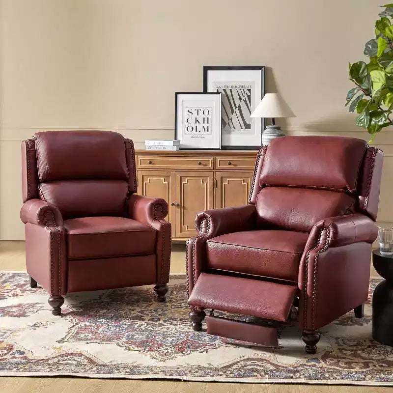Set van 2 moderne Elisabete-fauteuils met hoge rugleuning van echt leer en vintage spijkerkopafwerking voor woonkamer en slaapkamer| ART OF LIVING DESIGNS