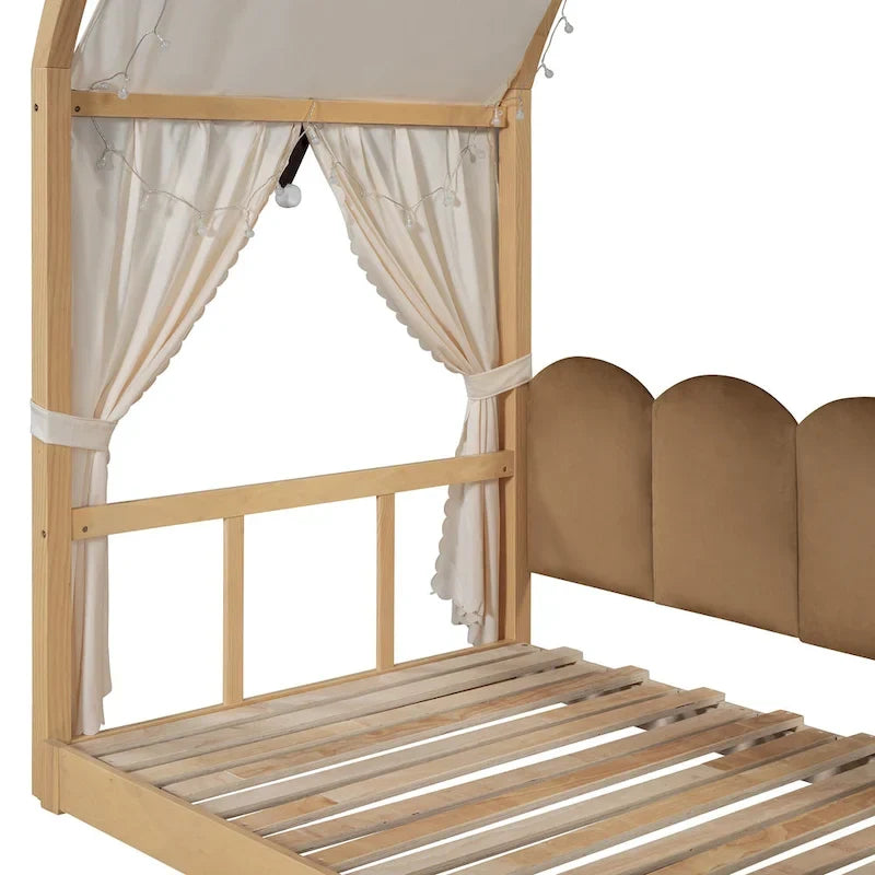 Letto Montessori a piattaforma in legno massello a forma di casetta, con tetto ad arco e letto estraibile, per bambine e bambini