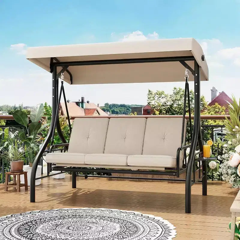 Siġġu tal-bandla ta’ barra konvertibbli 2-f’1 għal 3 persuni b’tinda aġġustabbli, sodda tal-bandla għall-patio bi stand, kuxxini ħoxnin u detenturi għat-tazzi, għall-bitħa ta’ wara, il-ġnien u l-veranda