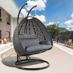 Poltrona sospesa a uovo LeisureMod per 2 persone con supporto - Altalena da patio in rattan intrecciato per esterni/interni, chaise longue con cuscini