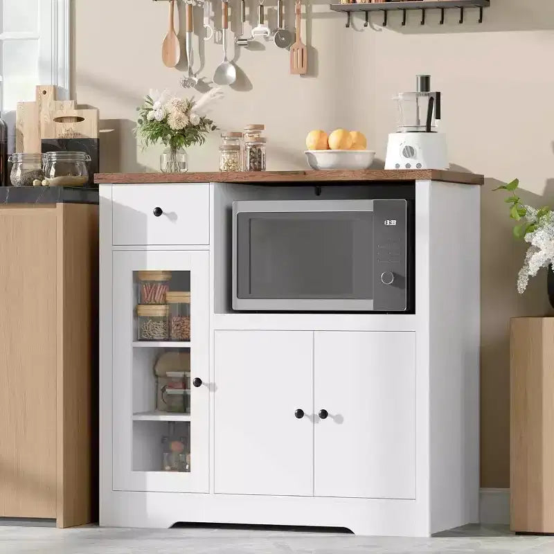 Mobile da cucina per microonde con contenitore, 3 ante, 1 cassetto e ripiani regolabili, mobile dispensa